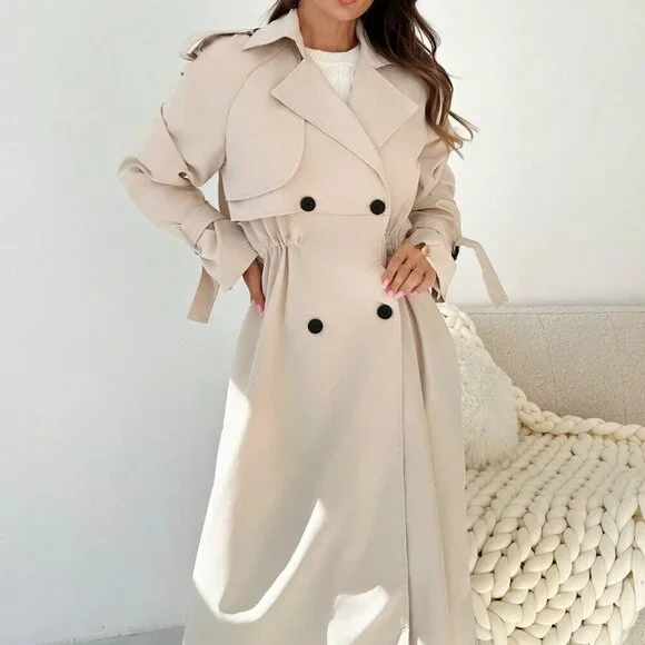 Khaki Elegant Women's Cinched Waist Double Breasted Mid-Length Trench Coat - Picture 1 of 8